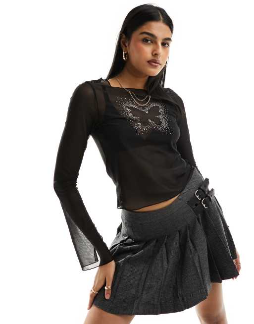 Black Mesh Bell Sleeve Top