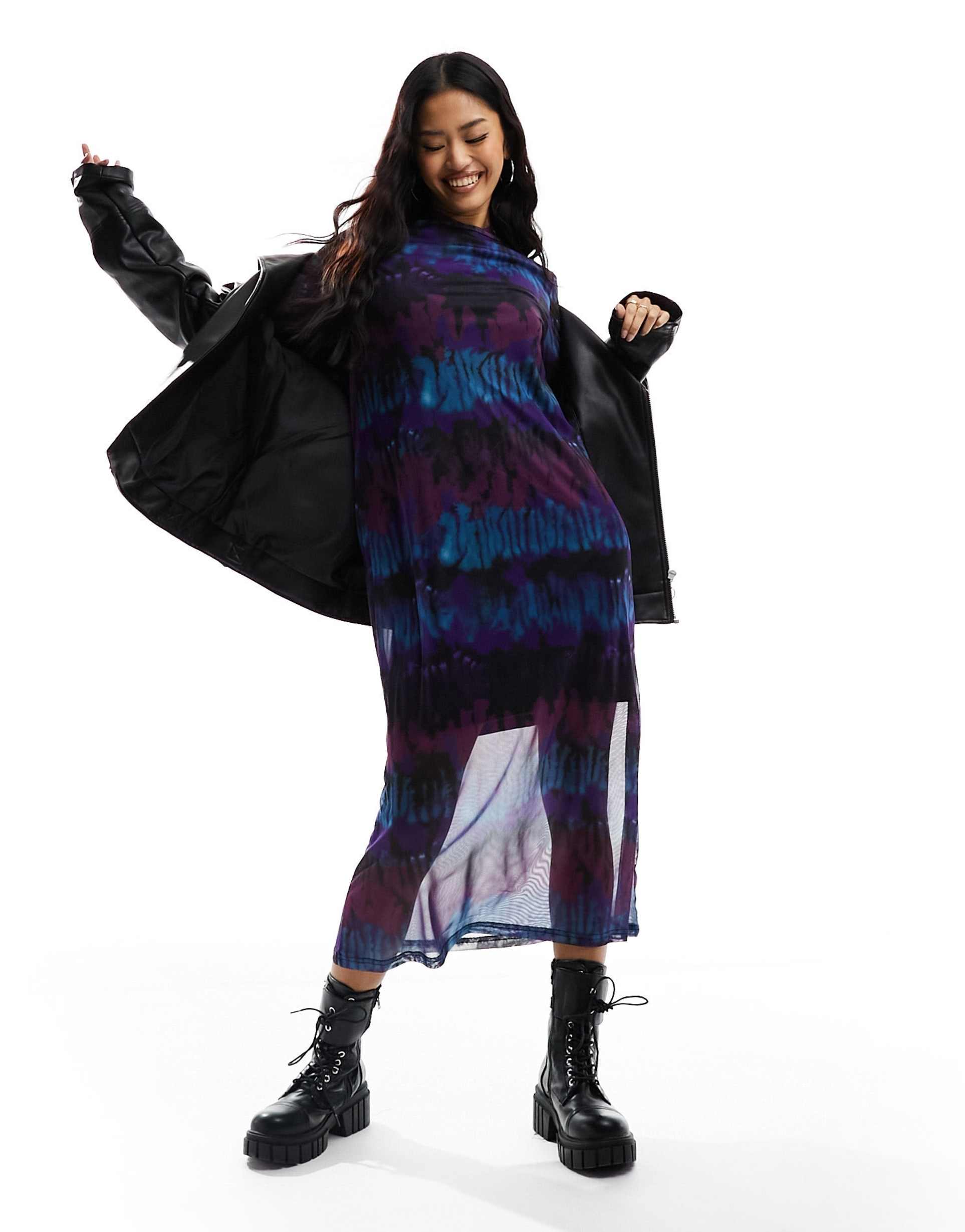pieces mesh high neck midi dress in multi tie dye print