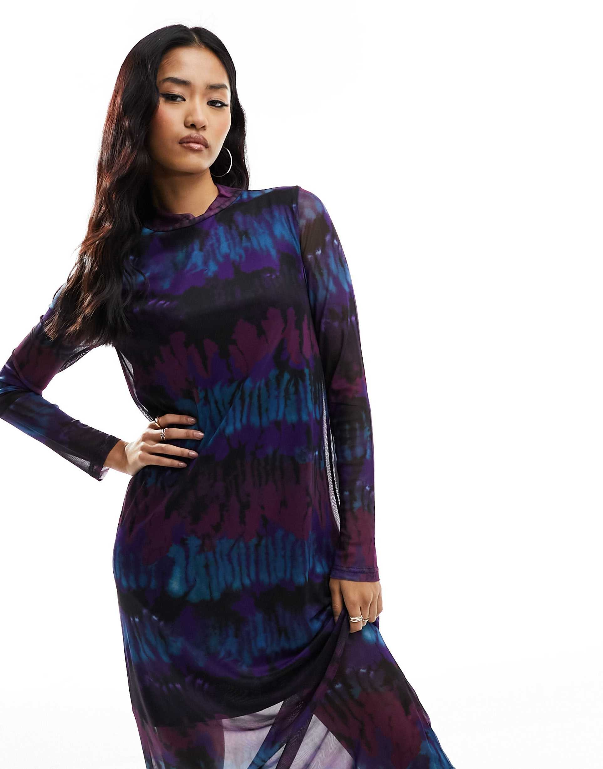 pieces mesh high neck midi dress in multi tie dye print