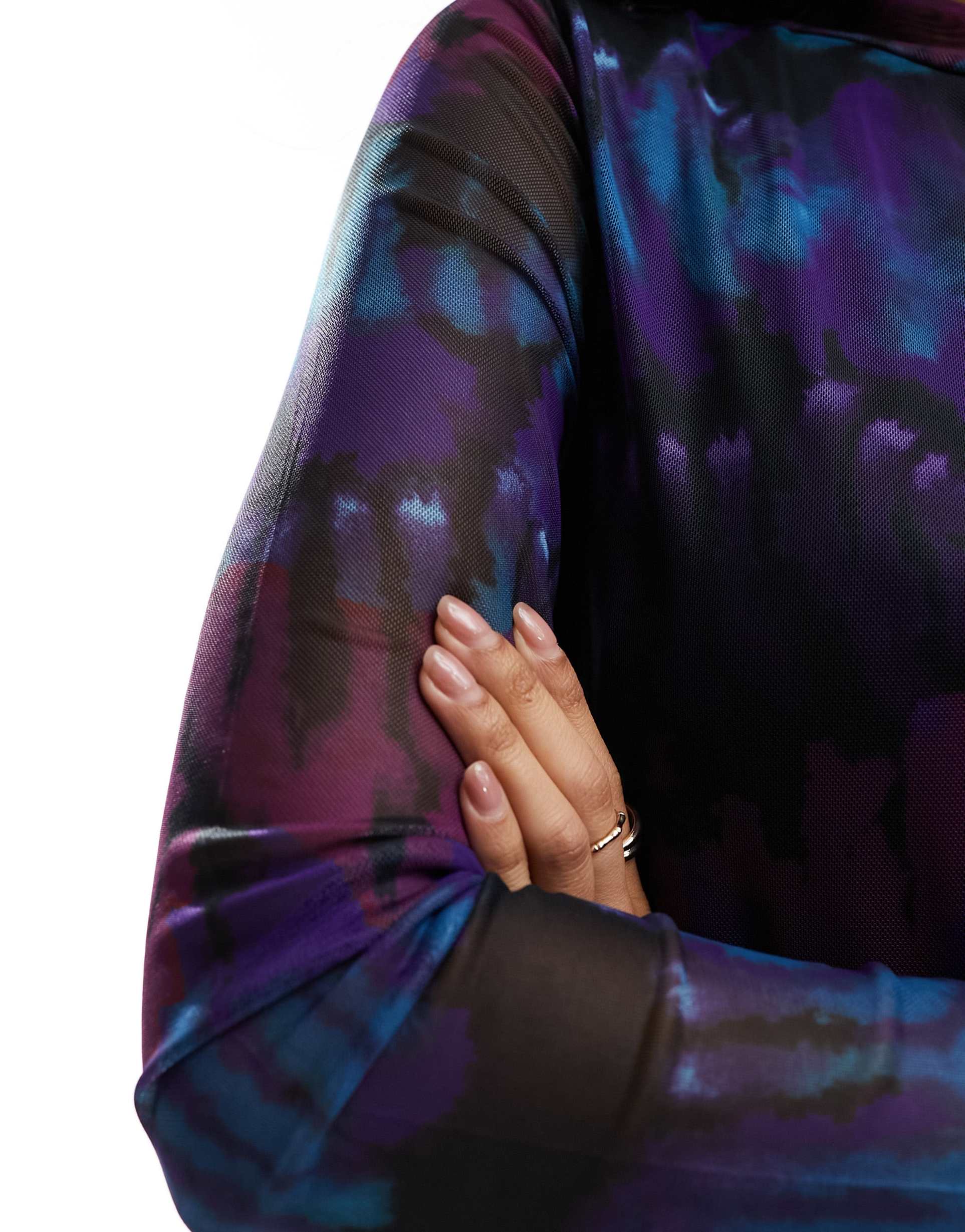 pieces mesh high neck midi dress in multi tie dye print