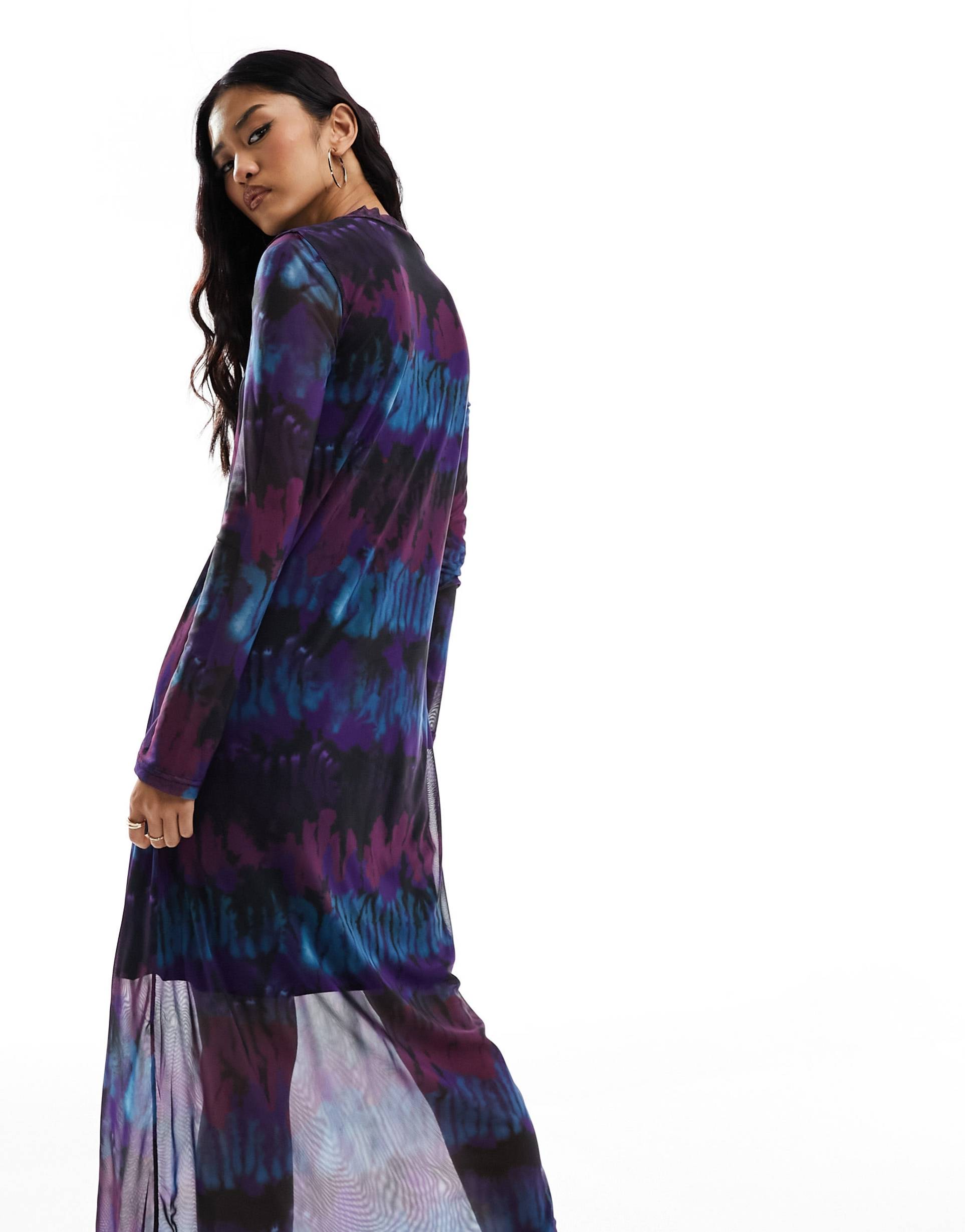 pieces mesh high neck midi dress in multi tie dye print