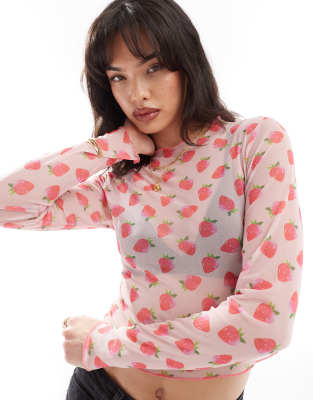 Pieces mesh high neck sheer top in strawberry pink print