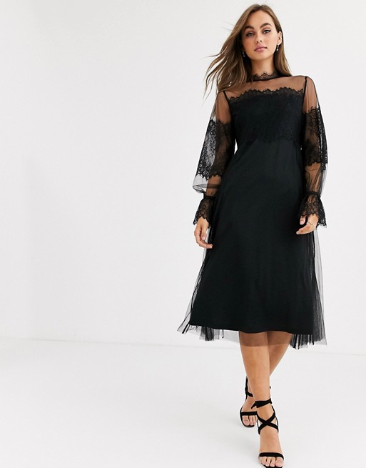 Pieces mesh lace high neck midi dress in black