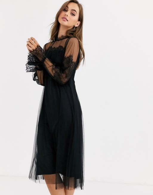 Mesh High Neck Midi Dress in Black