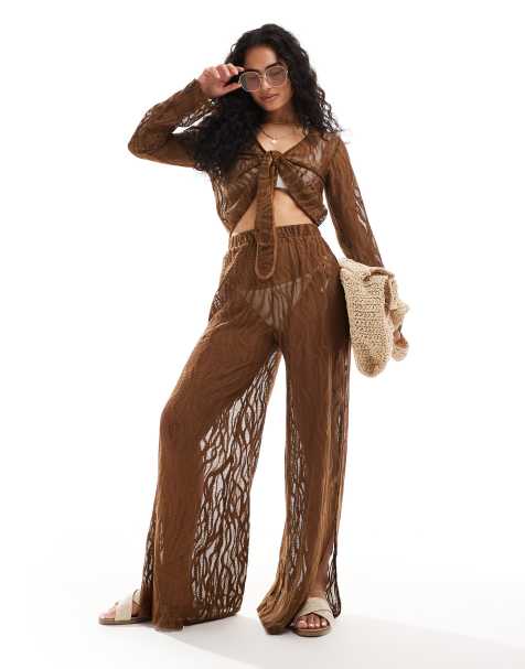 Pieces mesh swirl detail beach trouser co-ord in brown - view 1