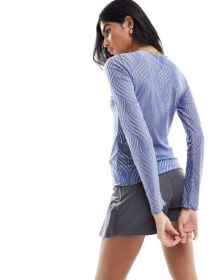 Pieces mesh textured top in burnout pastel blue and silver