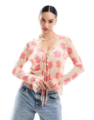 Pieces mesh tie front blouse with red floral print in cream