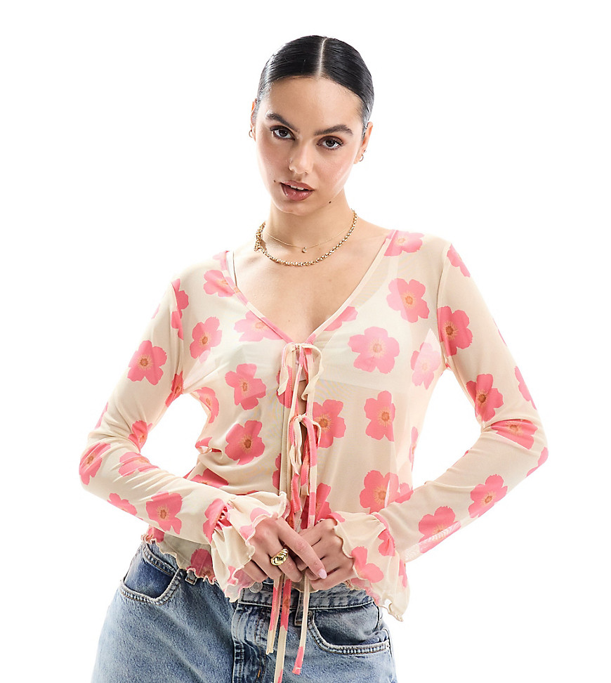 mesh tie front blouse with red floral print in cream-White
