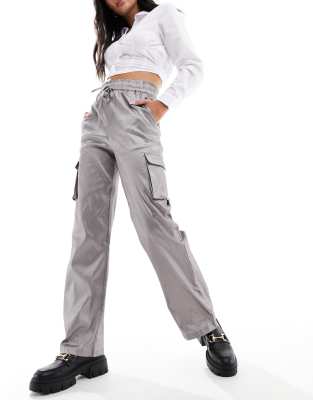 metallic satin wide leg cargo pants in gray
