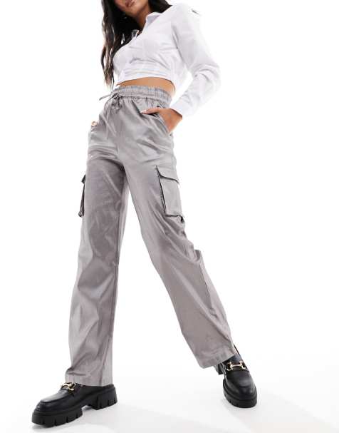 Pieces metallic satin wide leg cargo trousers in grey