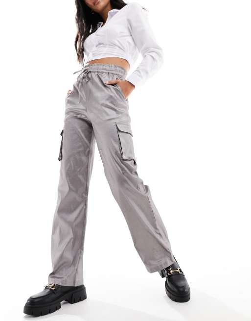 Pieces metallic satin wide leg cargo pants in gray