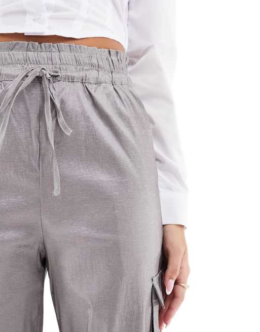 Pieces metallic satin wide leg cargo pants in gray | ASOS