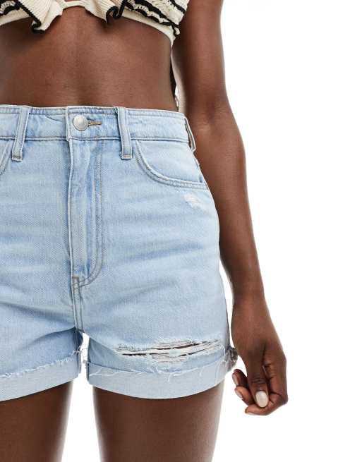 Pieces 'Miami Beach Surf Club' denim shorts with cuffs in light wash blue, 5 of 5