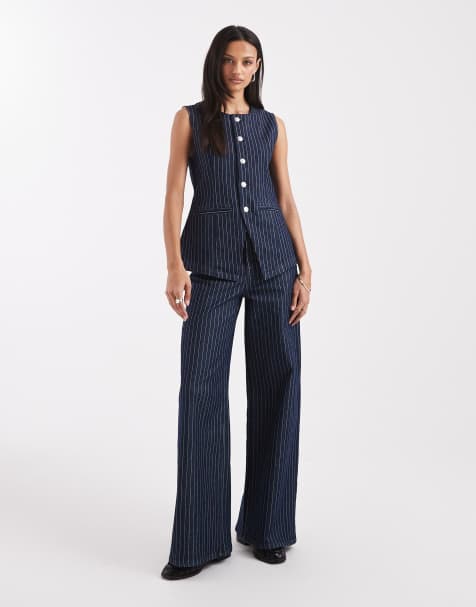 Pieces mid waist wide leg jeans co-ord in dark blue pinstripe
