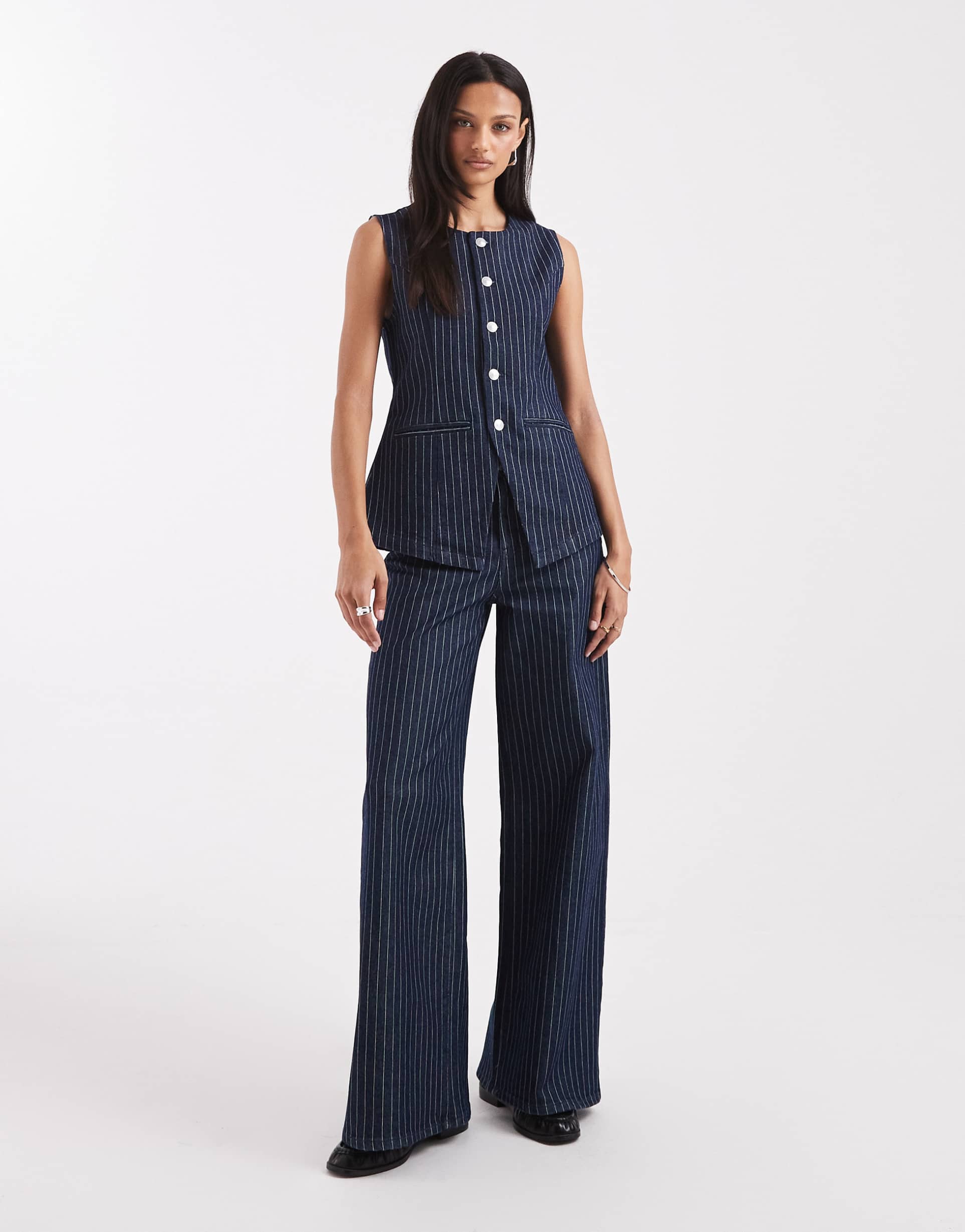 pieces mid waist wide leg jeans in dark blue pinstripes - part of a set