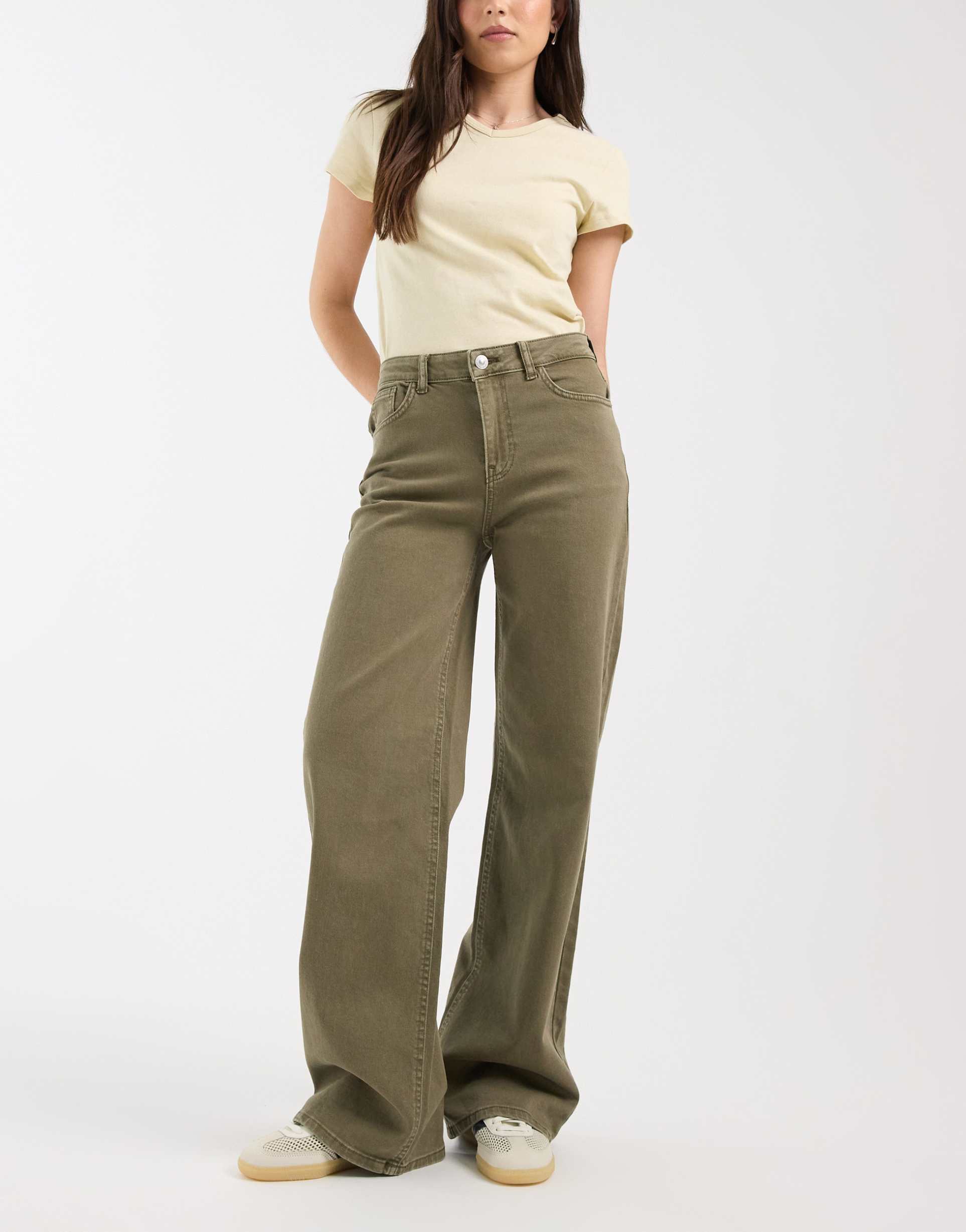 pieces mid waist wide leg jeans in washed olive green
