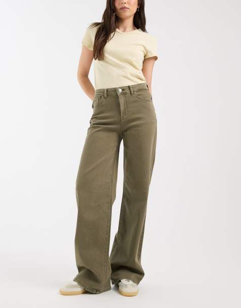Pieces mid waist wide leg jeans in washed olive green