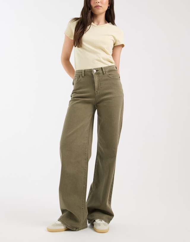 Pieces mid waist wide leg jeans in washed olive green | ASOS