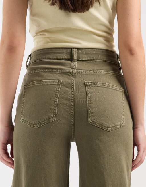 Pieces mid waist wide leg jeans in washed olive green, 4 of 5