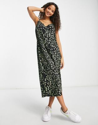 Pieces midi cami dress in black and green floral