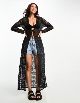 Pieces midi crochet beach kimono in black