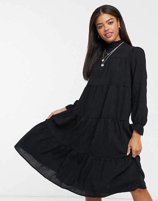 Pieces midi dress with high neck and tiered skirt in black