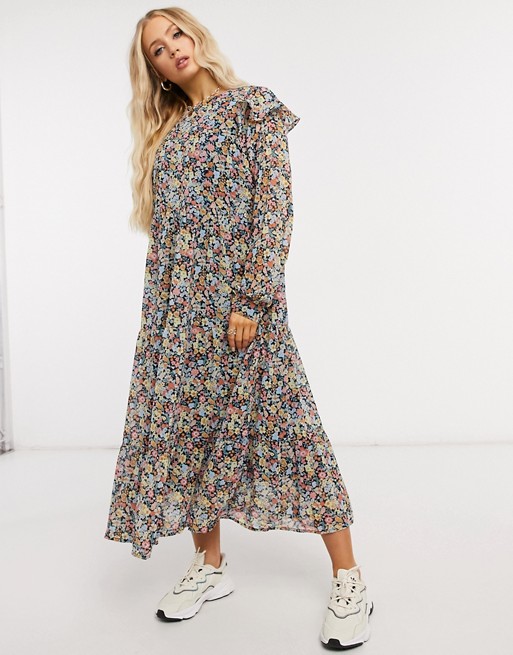 Pieces midi dress with ruffle detail in mixed floral