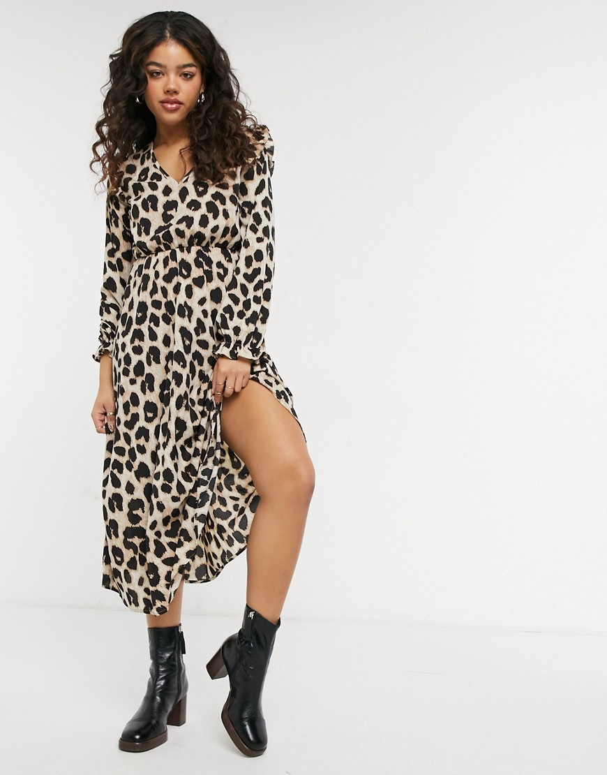 Pieces midi dress with ruffle shoulders in leopard print-Multi