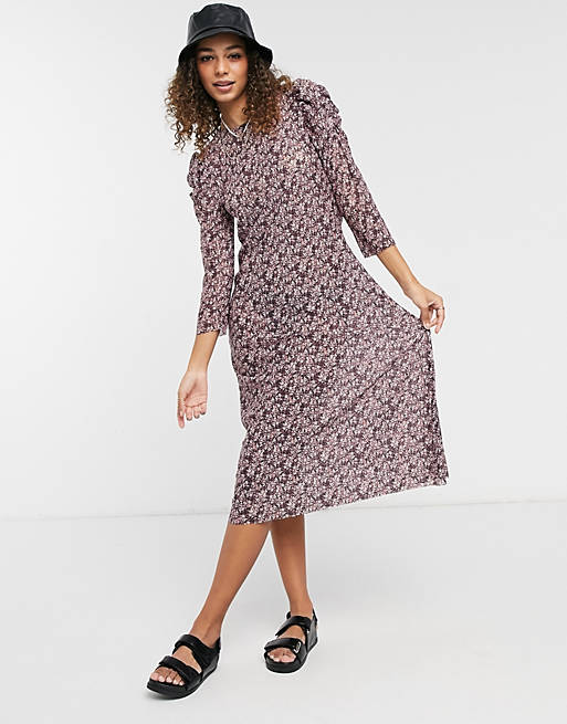 Dresses Pieces midi dress with ruffle sleeve in purple ditsy floral 
