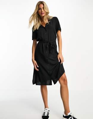 Pieces - Midi-Hemdblusenkleid in Schwarz mit Bindegürtel-Black