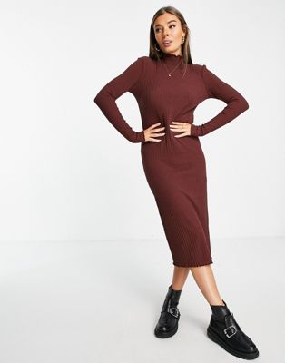 Pieces midi high neck knitted dress in chocolate