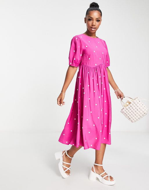 Pieces - Midi jurk met pofmouwen in felroze met stippenprint