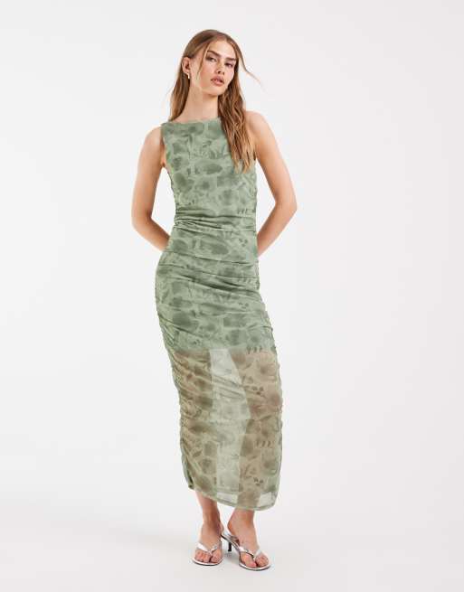 Pieces - Midi jurk met rimpeleffect en bloemenprint in saliegroen, 2 van 4