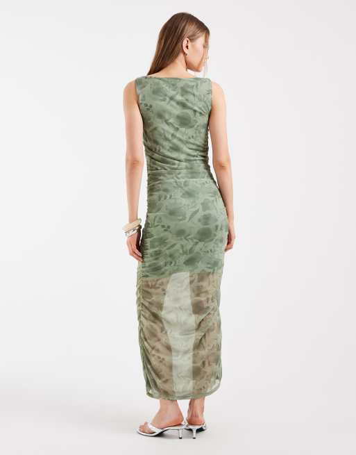 Pieces - Midi jurk met rimpeleffect en bloemenprint in saliegroen, 4 van 4