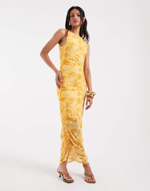 Pieces - Midi-jurk met rimpeleffect in geel met bloemenprint, 2 van 4