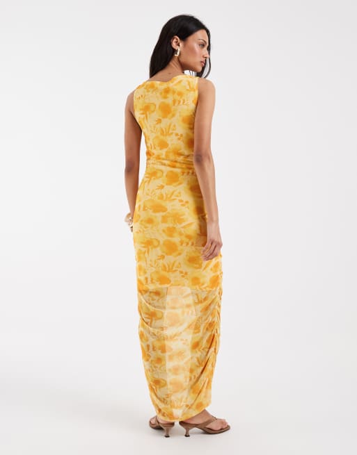 Pieces - Midi-jurk met rimpeleffect in geel met bloemenprint, 4 van 4