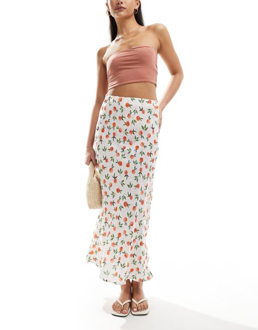 Pieces - Midi rok met zijsplit en sinaasappelprint in crème