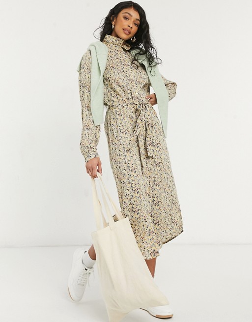 Pieces midi shirt dress with belted waist in green ditsy floral
