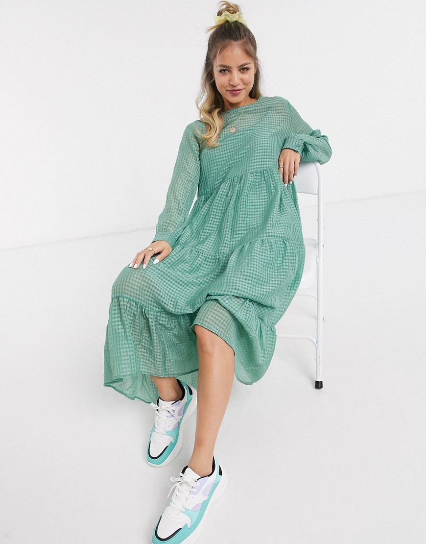 Pieces midi smock dress in green grid check