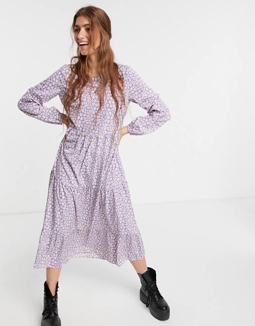 Pieces midi smock dress in lilac ditsy floral