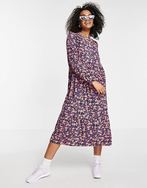 Pieces midi smock dress in purple ditsy floral