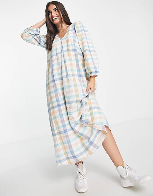 Pieces midi smock dress with puff sleeves in multi check print