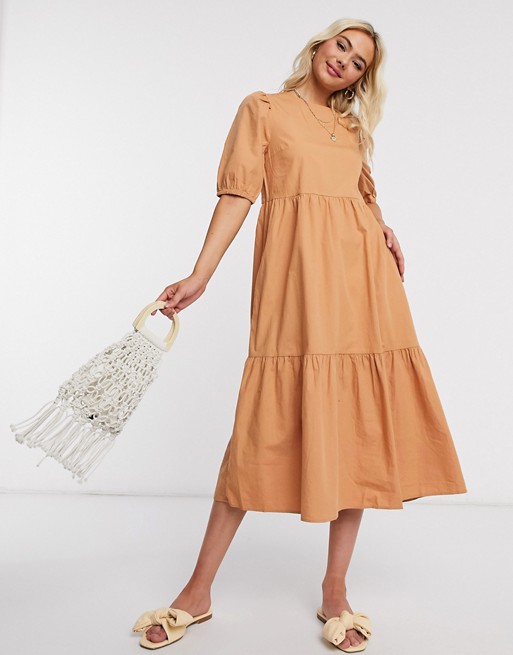 Pieces midi smock dress with puff sleeves in tan