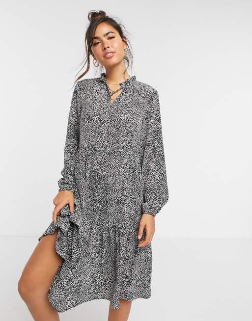 asos design long sleeve tiered smock midi dress