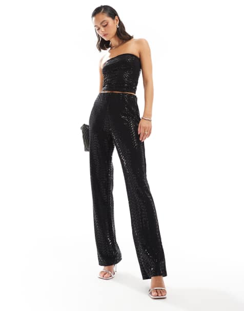 Pieces high waisted straight leg sequin trouser mix & match set in black