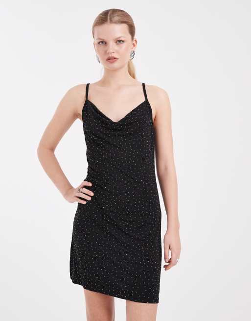Pieces - Mini cami-jurk met gedrapeerde halslijn en siersteentjes in zwart, 4 van 4