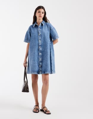 Mini-Hemdkleid aus Denim in Mittelblau Blau XXL