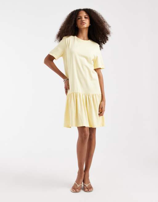 Pieces - Mini jurk met verlaagde taille en korte mouwen in lichtgeel, 2 van 4