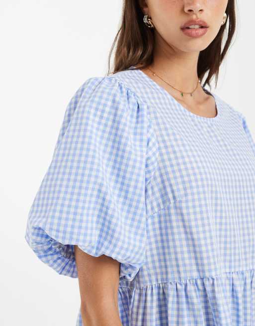 Pieces - Mini jurk met volumineuze mouwen en gingham ruit in blauw en wit, 3 van 4
