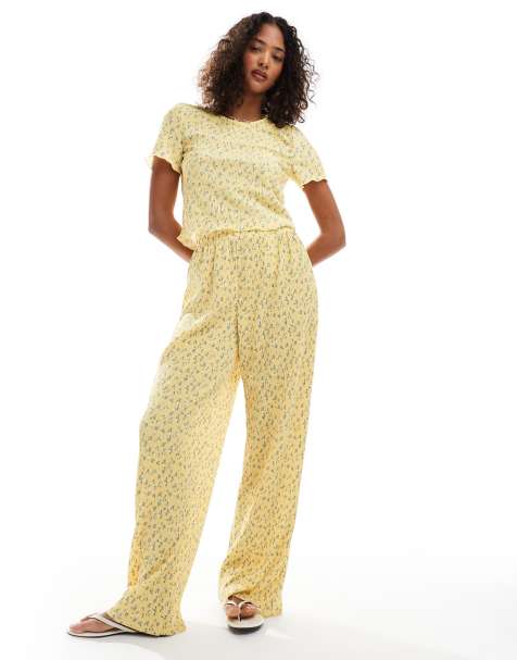 Pieces mini plisse wide leg pants in delicate yellow flower print - part of a set - view 1